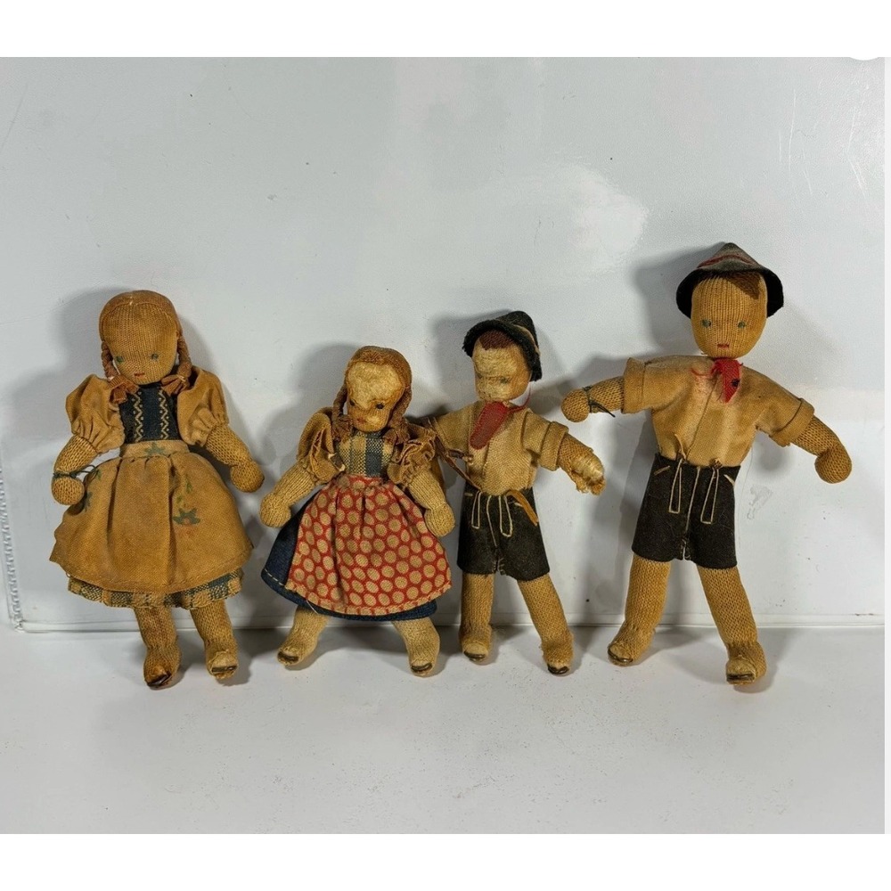 Early Antique Primitive Folk Art Doll Poppet Austrian German Lot Of 4 Handmade